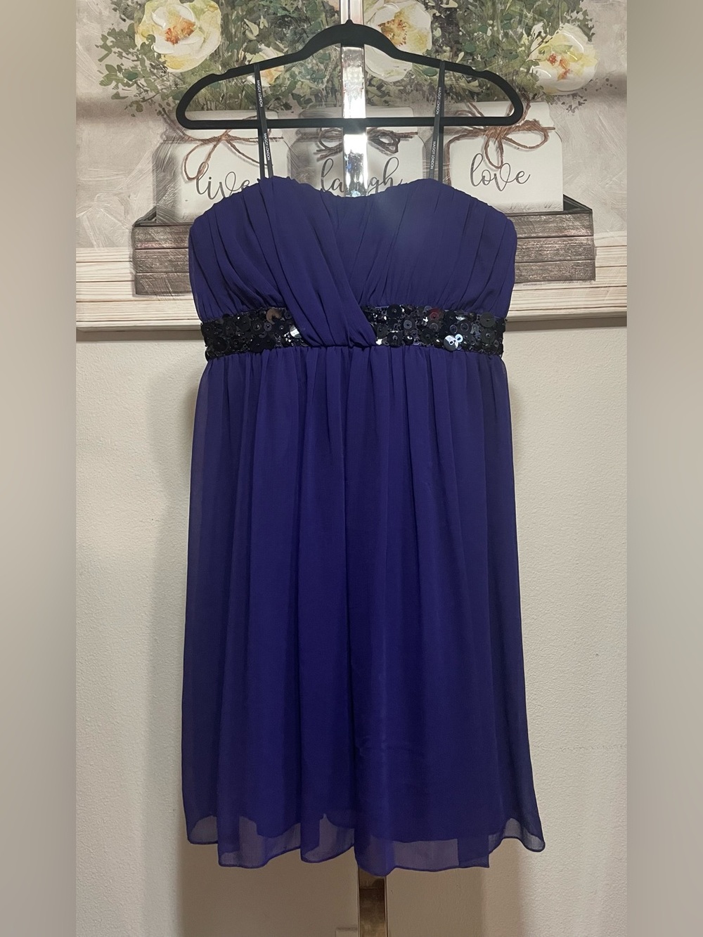 Maggy London Purple Strapless Chiffon Dress with Sequin Waistband
